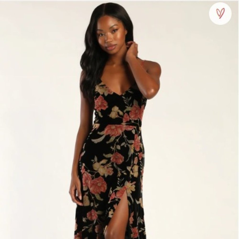 Alluring Blooms Black Floral Burnout Velvet Maxi Dress